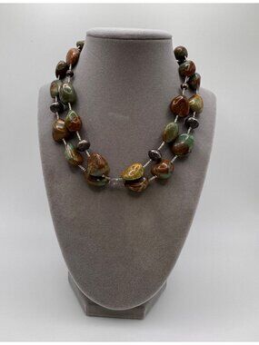 Vintage Double Strand Turquoise Nugget 925 Sterling Silver Necklace Navajo Style